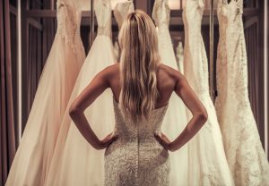 Bride shopping for sample dress.